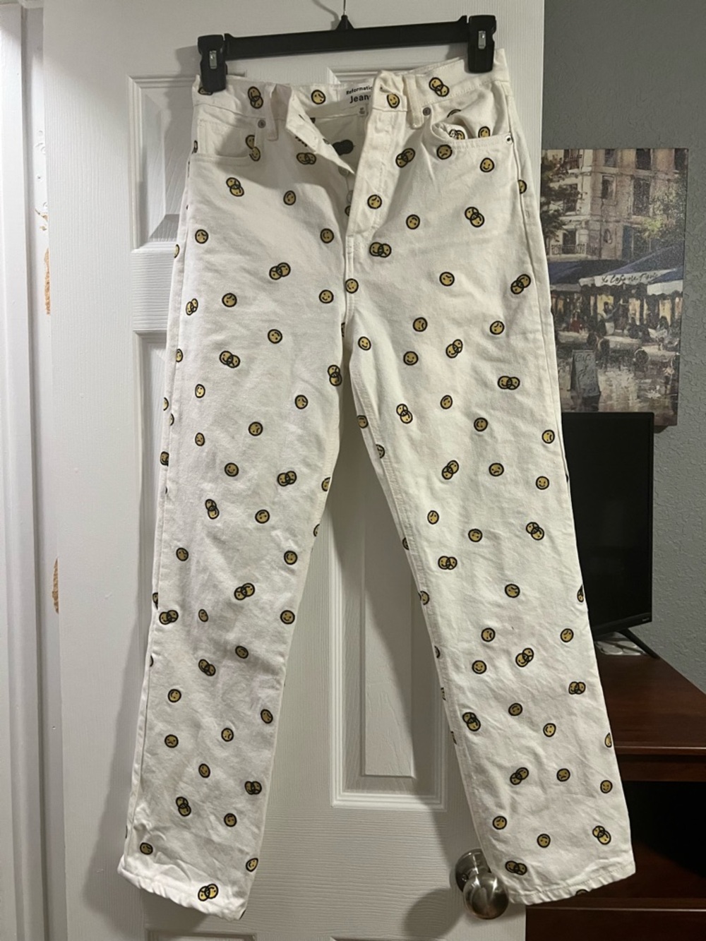 Reformation White Skinny Jeans with Yellow/Black Smiley Dot Print